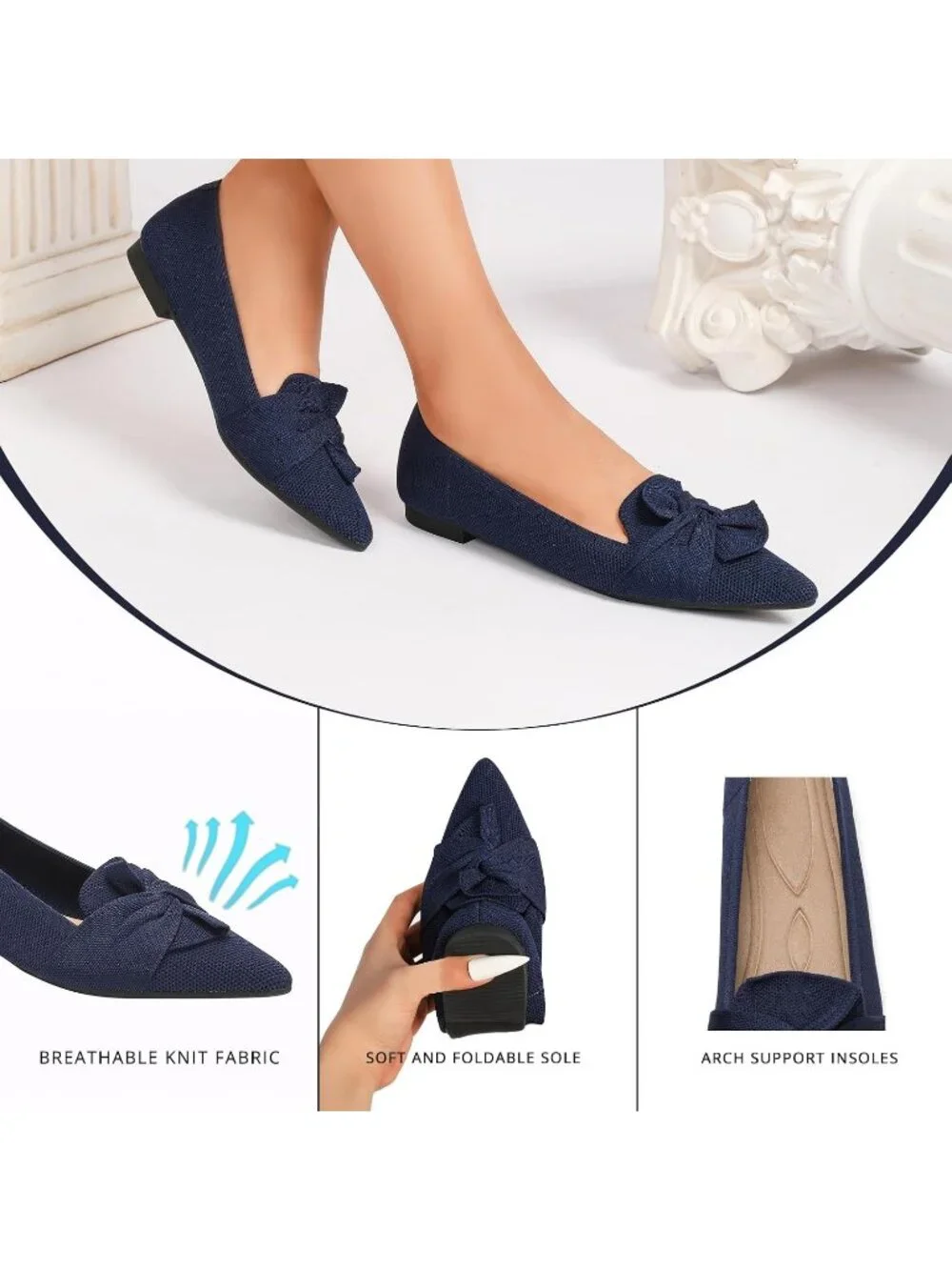 Women's All Blue Comfortable Pointed Toe Knit Foldable Slip On Ballet Flat Shoes